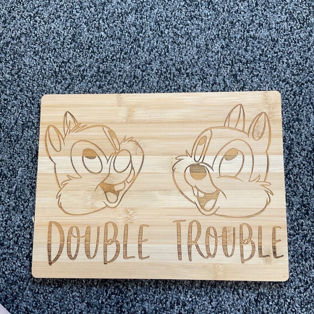 Chip & Dale "Double Trouble" Bamboo Cutting Board Engraved Design Kitchen Decor